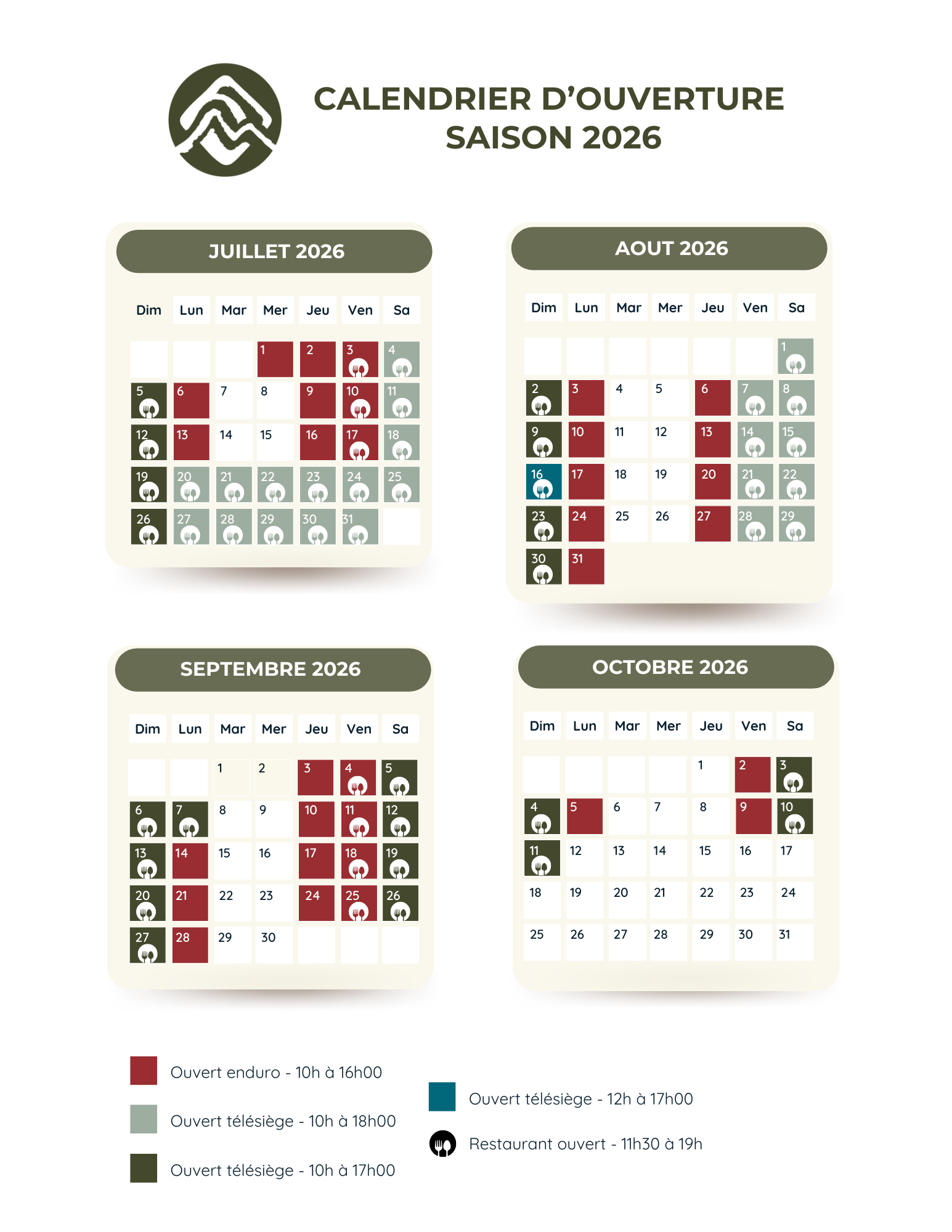 Calendrier d’ouverture de la restauration du Parc du Mont-Saint-Mathieu